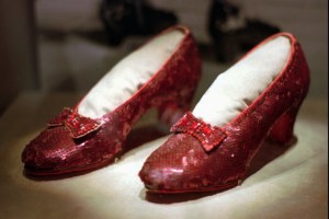 CORRECTS TO U.S. DOLLARS, NOT CANADIAN DOLLARS - FILE - This April 10, 1996 file photo shows one of the four pairs of ruby slippers worn by Judy Garland in the 1939 film 